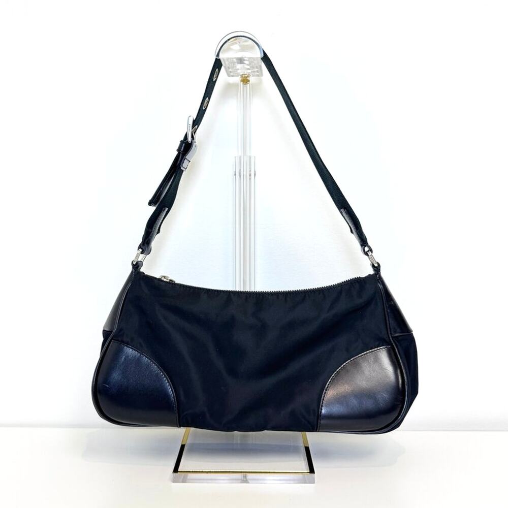 PRADA Vintage Tessuto Nylon Shoulder Bag Smooth Leather Trim Silver Logo Handbag